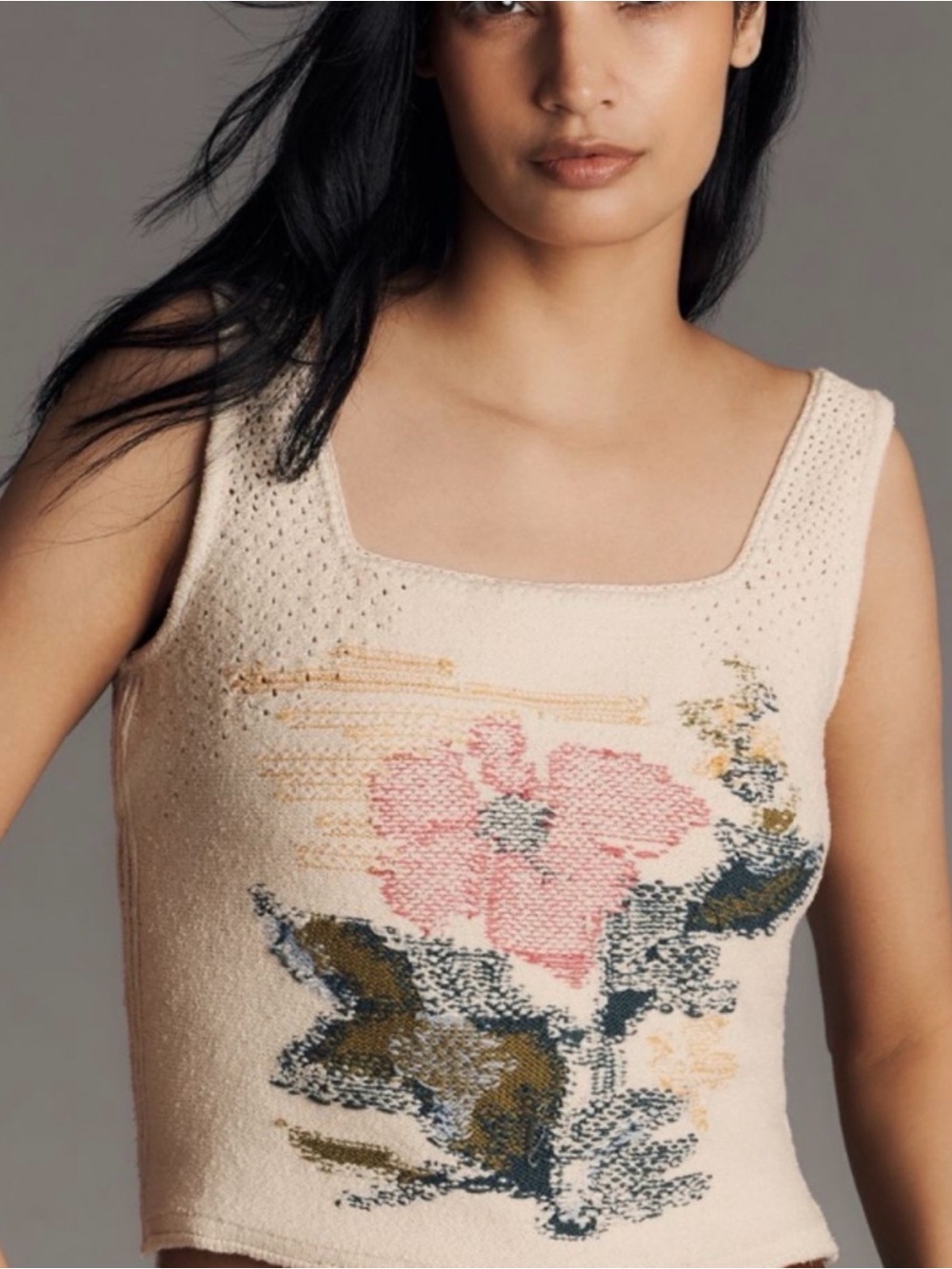 Anthropologie Pilcro Cream Knit woven Tank with floral print - Picture 2 of 5